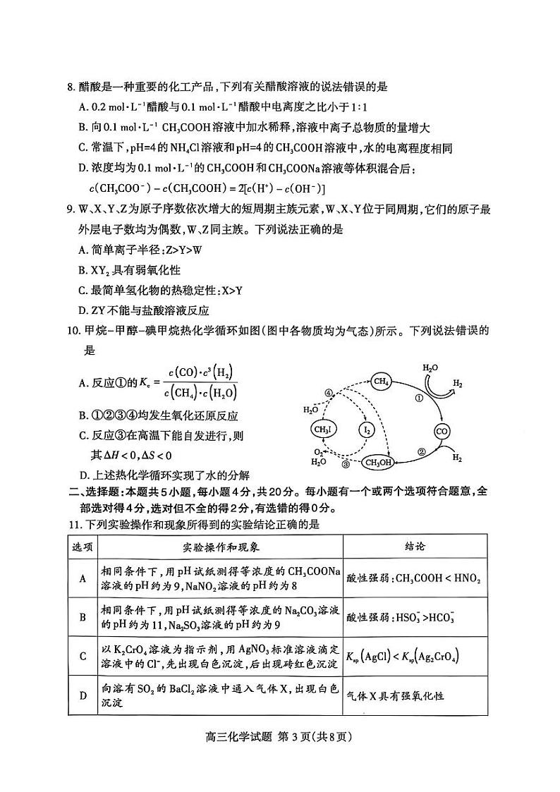 山东省泰安市2025届高三上学期期末考试-化学试卷+答案第3页