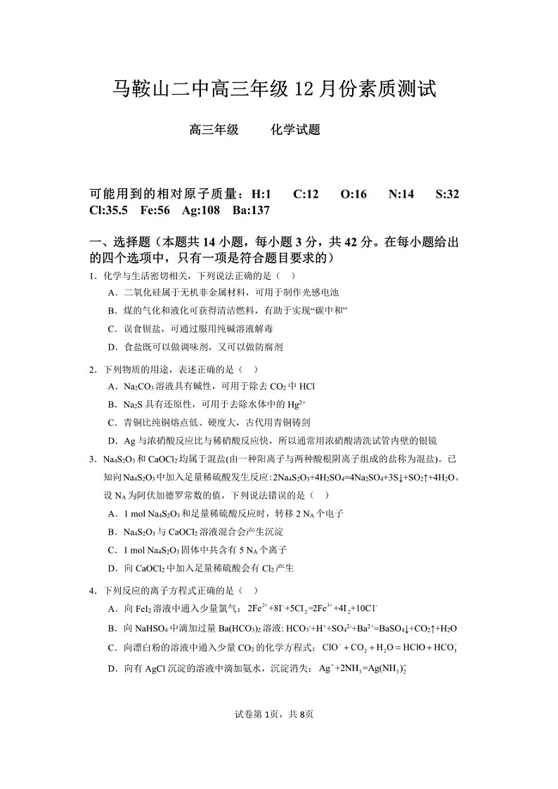 安徽省马鞍山市第二中学2024-2025学年高三上学期12月份素质测试++化学试题第1页