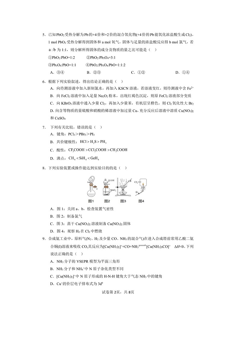 安徽省马鞍山市第二中学2024-2025学年高三上学期12月份素质测试++化学试题第2页