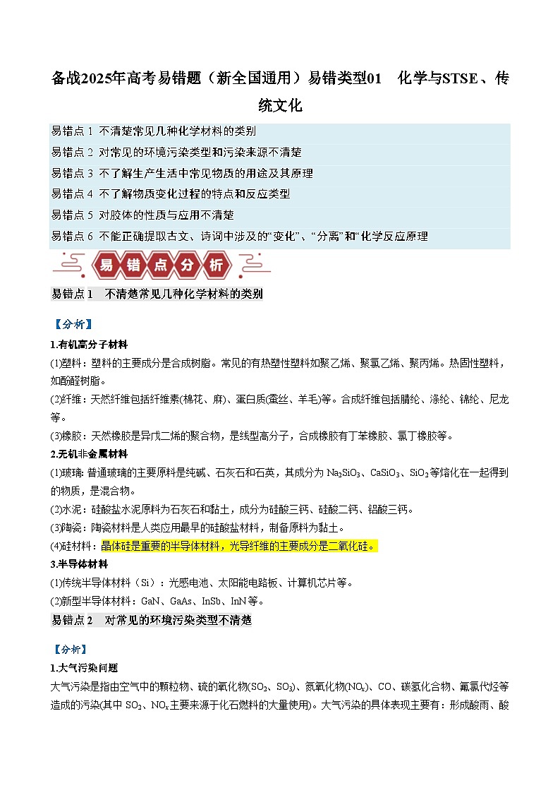 易错类型01 化学与STSE、传统文化（6大易错点）练习 备战2025年高考易错题（新全国通用）（含解析）第1页