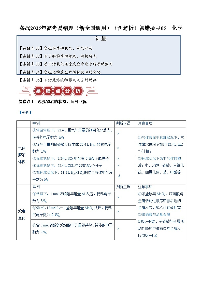 易错类型05 化学计量（5大易错点）练习 备战2025年高考易错题（新全国通用）（含解析）第1页