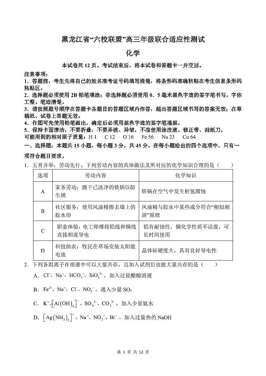 黑龙江省“六校联盟”2025届高三高考模拟上学期联合适应性考试化学+答案第1页