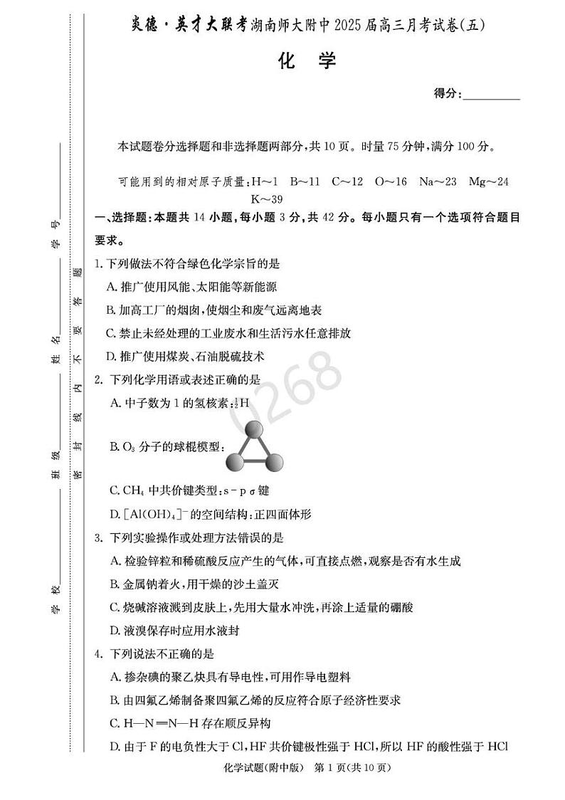 湖南省长沙市湖南师范大学附属中学2024-2025学年高三上学期第五次月考化学试卷+答案第1页