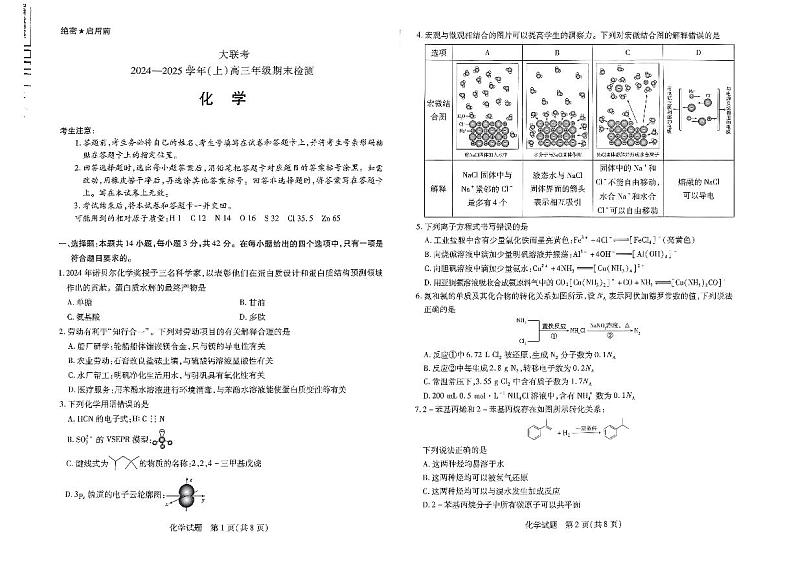 河南省部分学校2024-2025学年高三上学期1月期末化学第1页