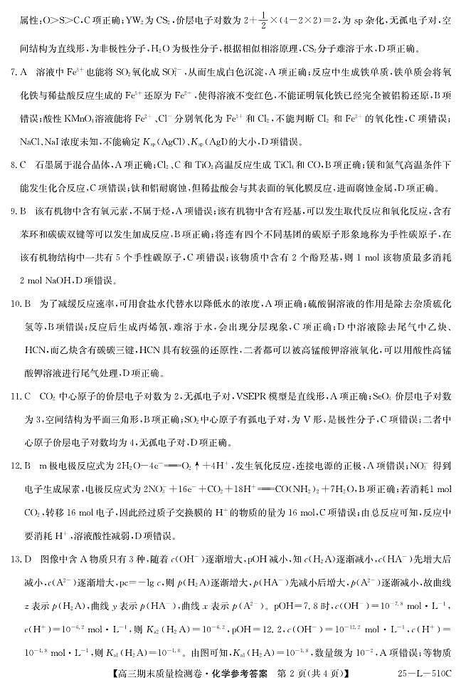 山西省三晋卓越联盟2025届高三上学期期末质量检测卷化学答案第2页