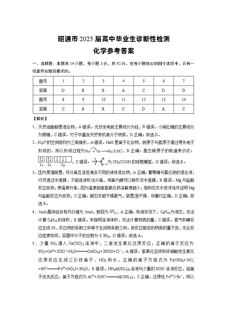 云南省昭通市2025届高三上学期1月毕业生诊断性检测化学答案第1页