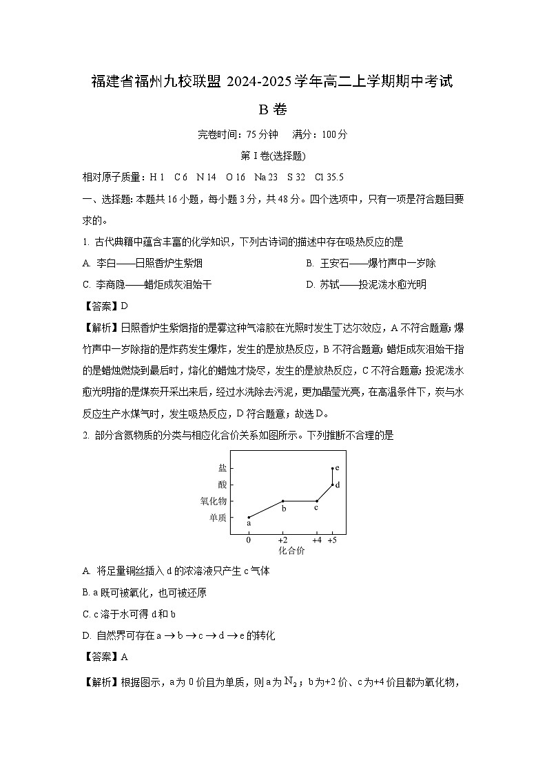 福建省福州九校联盟2024-2025学年高二上学期期中考试化学B卷（解析版）第1页