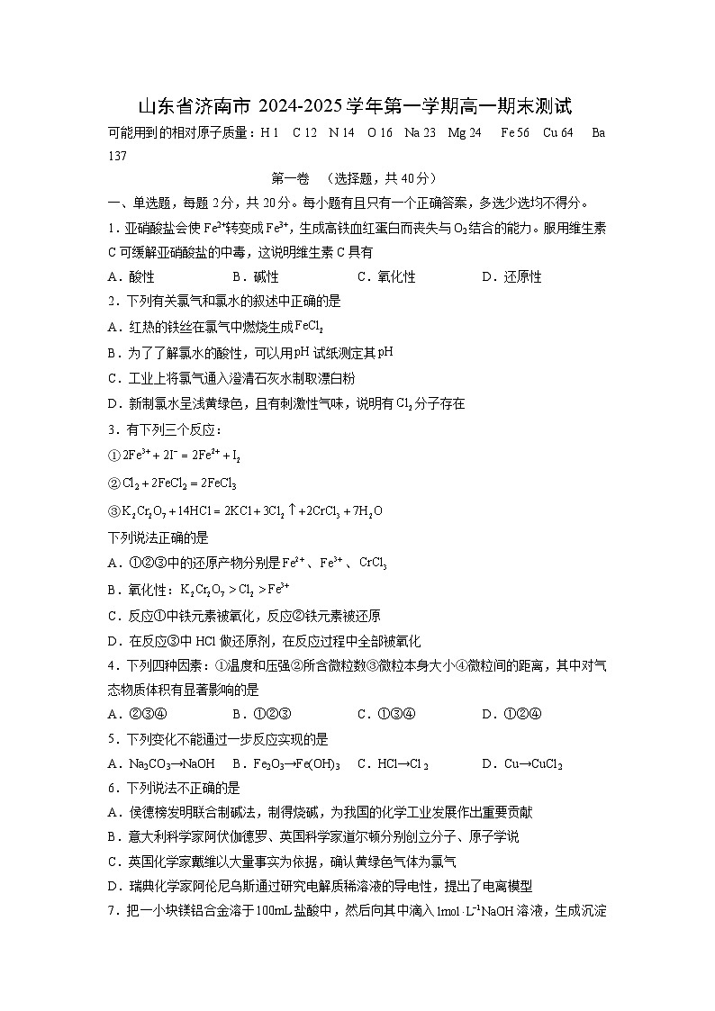2024~2025学年山东省济南市第一学期高一期末测试化学试卷（解析版）第1页