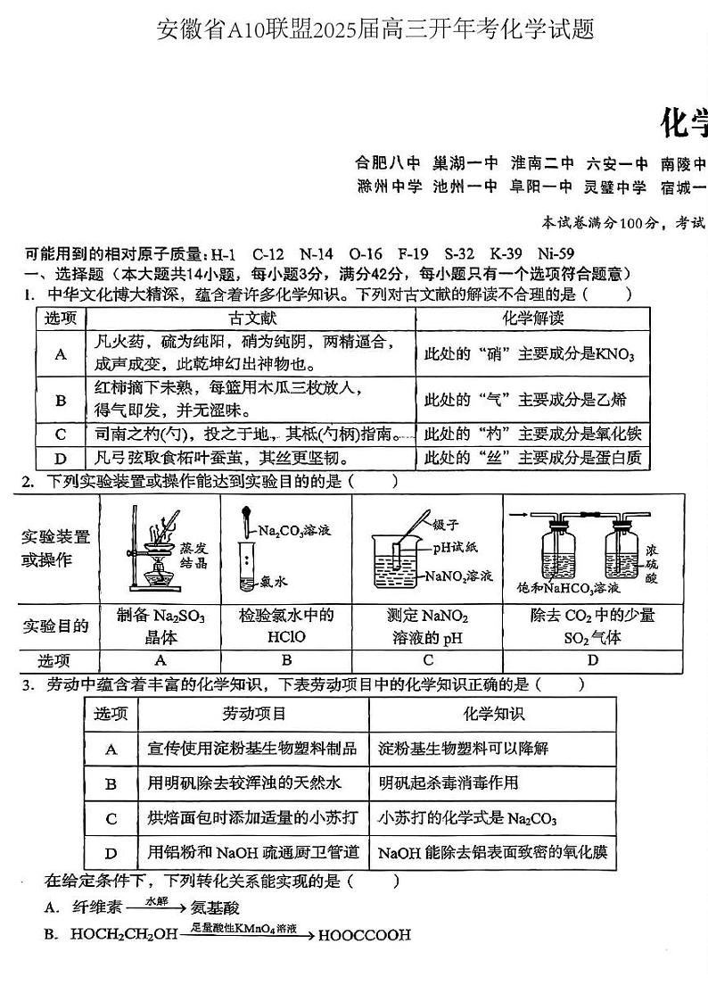 安徽省A10联盟2025届高三开年考化学试题第1页