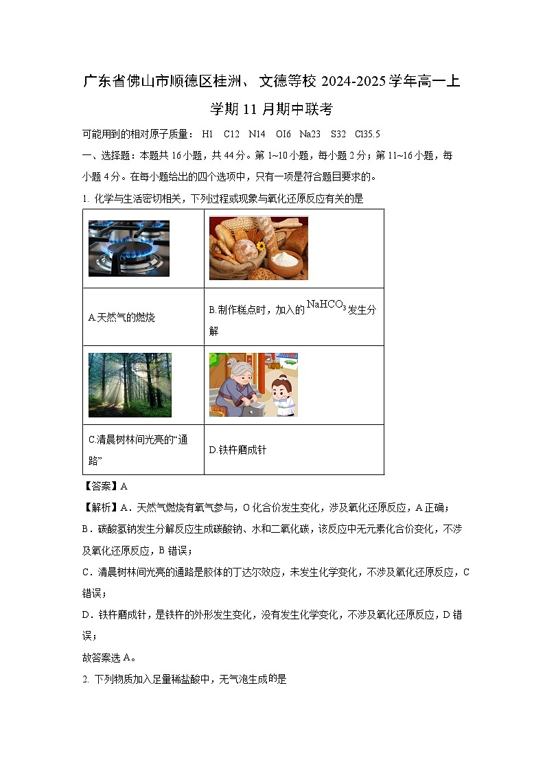 广东省佛山市顺德区桂洲、文德等校2024-2025学年高一上学期11月期中联考化学试题（解析版）第1页