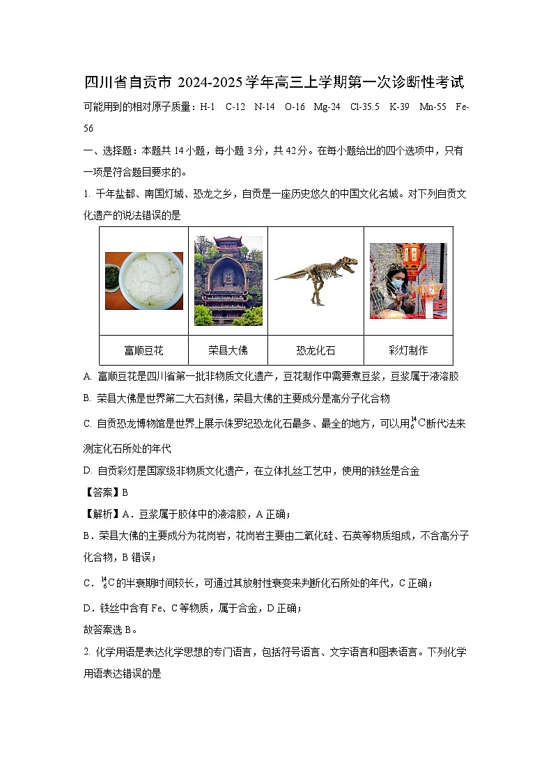 四川省自贡市2024-2025学年高三上学期第一次诊断性考试化学试题（解析版）第1页