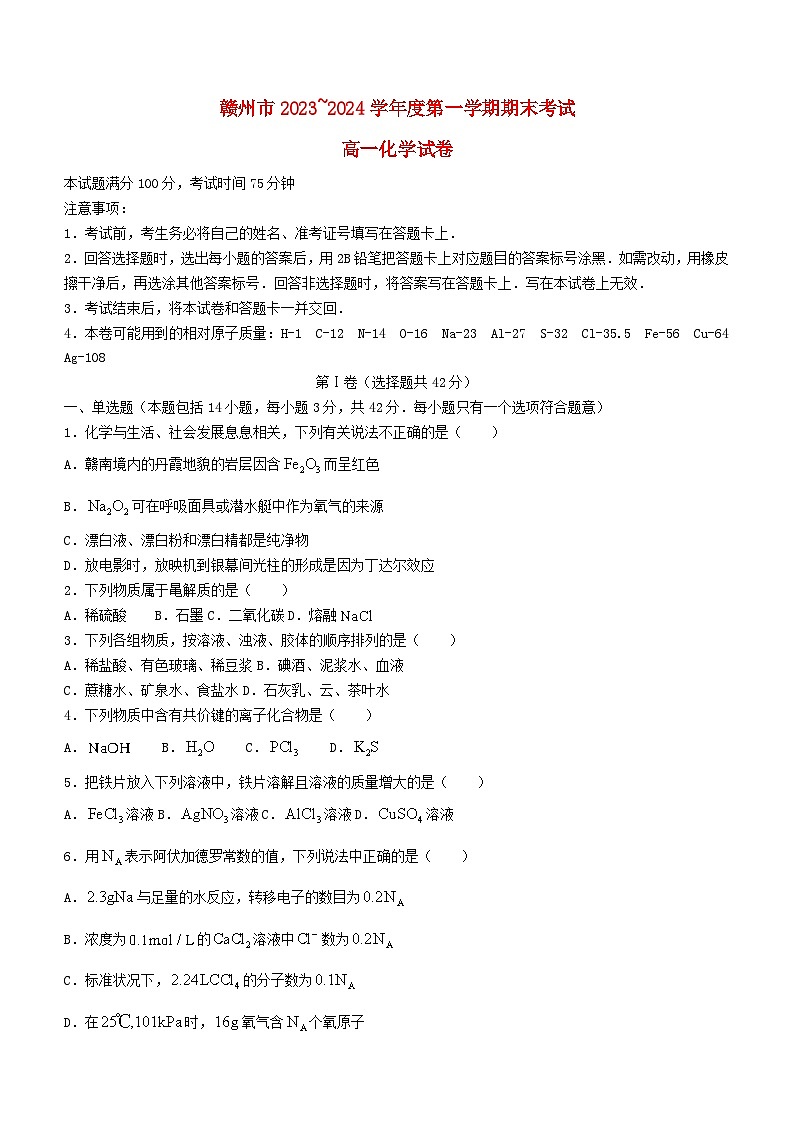 江西省赣州市2023_2024学年高一化学上学期期末考试试题第1页