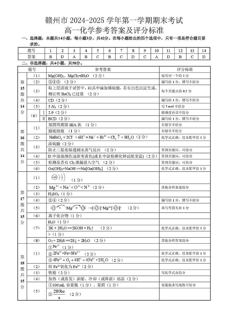 赣州市2024-2025学年第一学期期末考试高一化学参考答案第1页