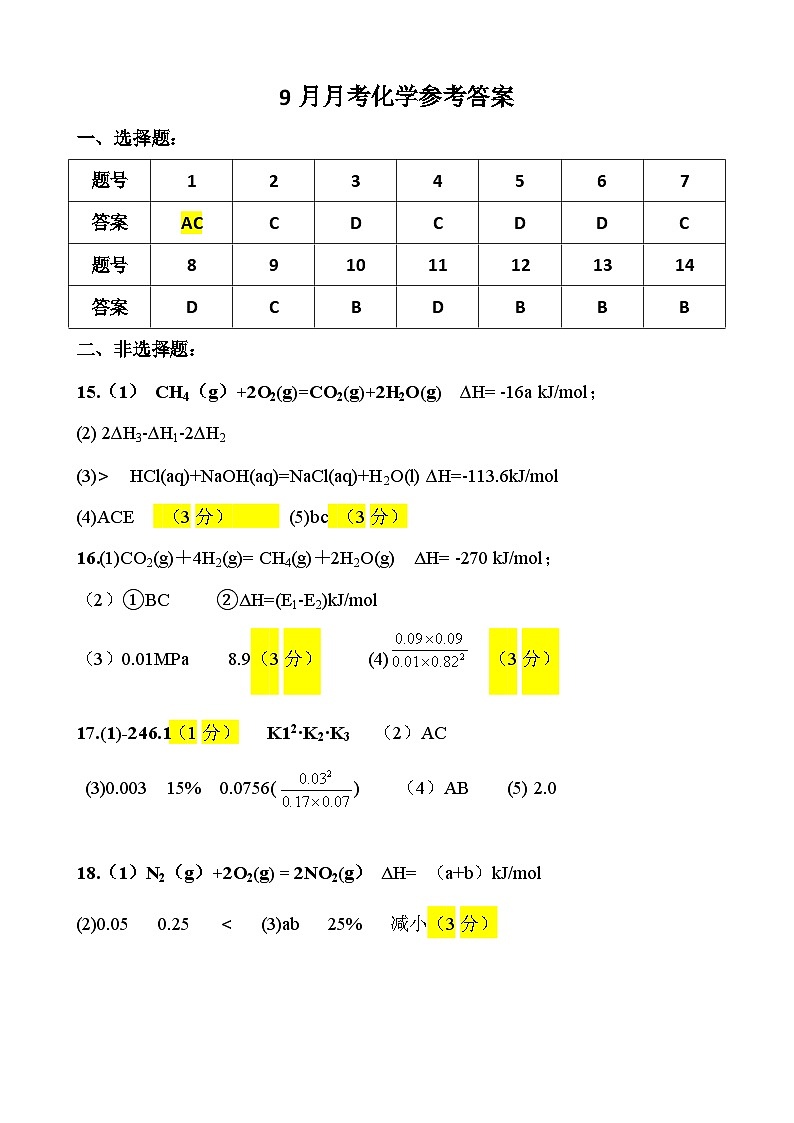 2024年高二年级9月月考化学答案第1页