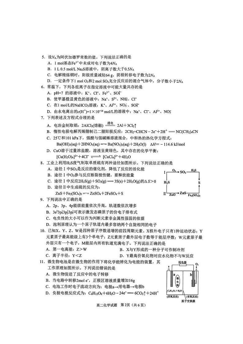 四川省达州市普通高中2024—2025学年高二年级上学期期末监测化学试题第2页