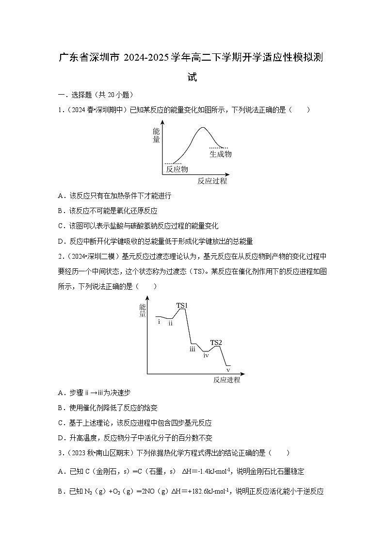 广东省深圳市2024-2025学年高二下学期开学适应性模拟测试化学试题第1页