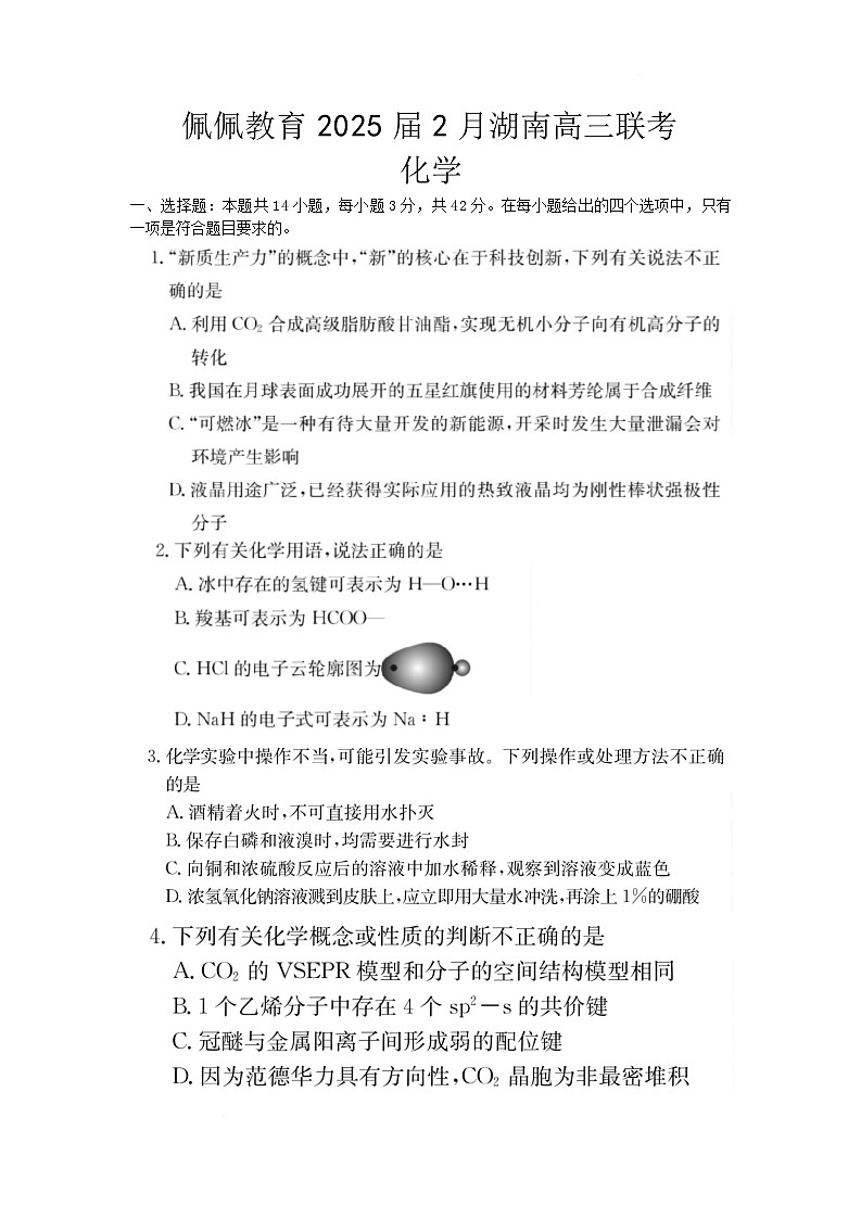 2025届2月湖南高三联考及答案解析（化学）第1页
