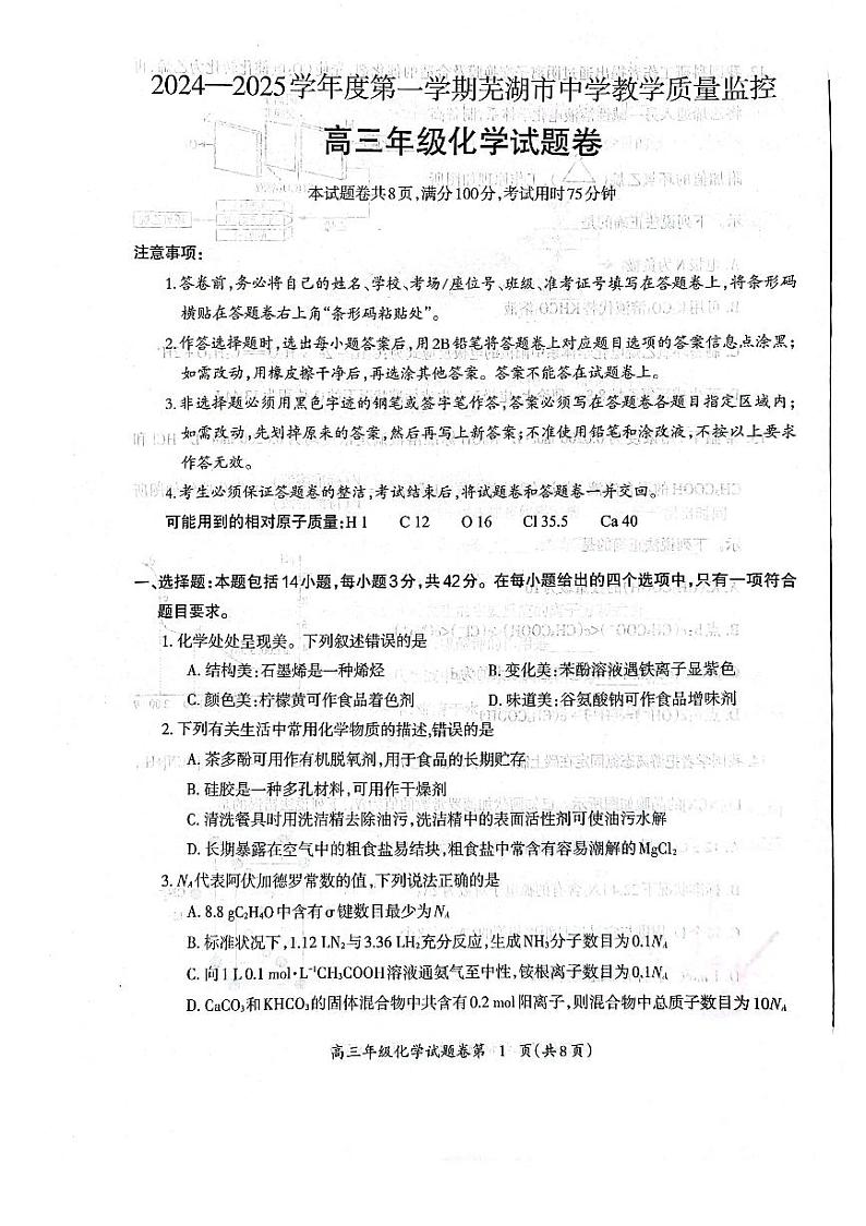 安徽省芜湖市2025届高三上学期期末化学试卷及答案第1页