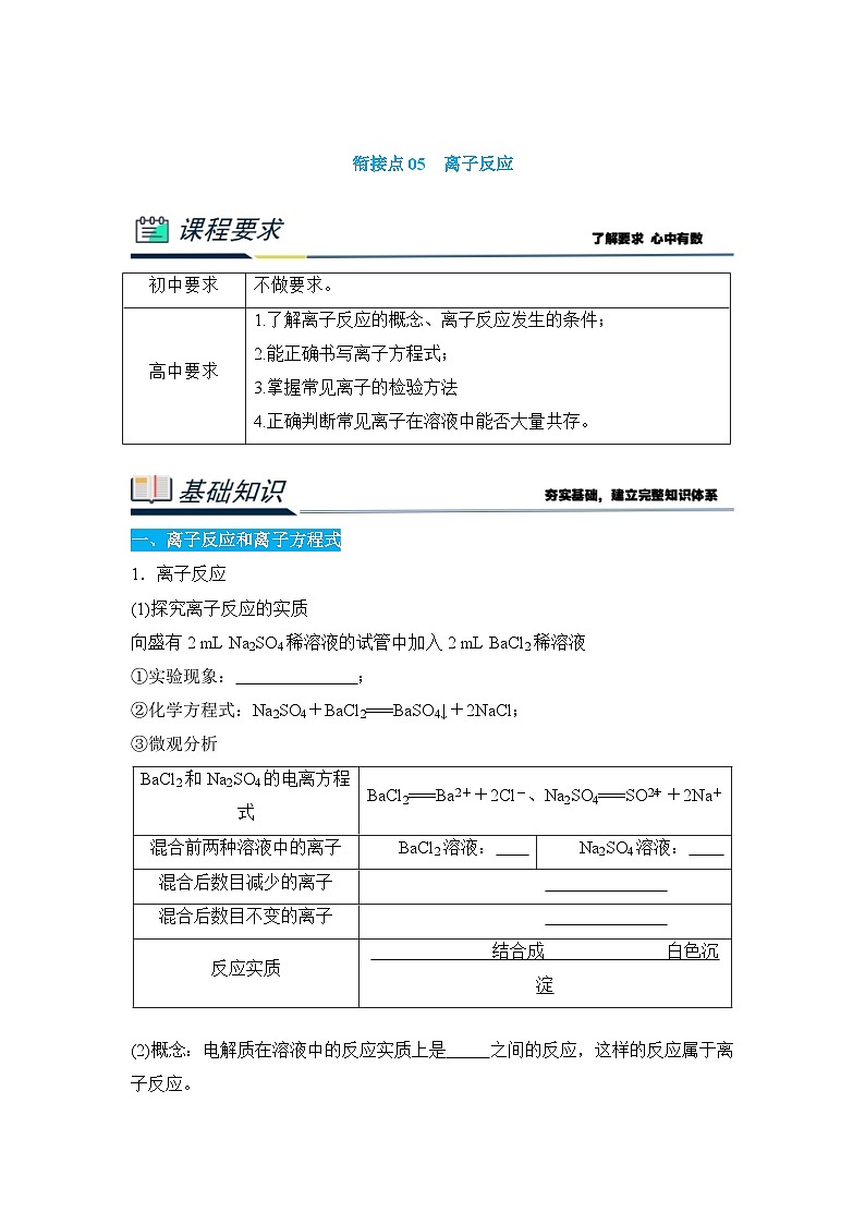 人教版高中化学必修1-1-2初高衔接点05  离子反应（原卷版）第1页