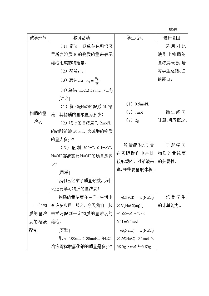 人教版 (2019)高中化学 必修 第一册2-3《第3课时 物质的量浓度》教案第3页