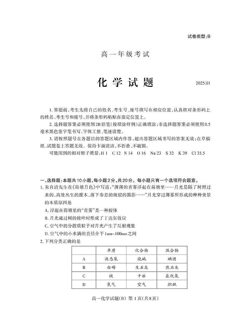 山东省泰安市2024-2025学年高一上学期期末考试化学（B）试卷（PDF版，含答案）第1页