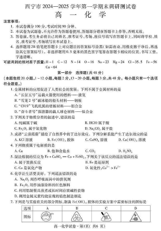 青海省西宁市2024-2025学年高一上学期期末调研测试化学试卷第1页