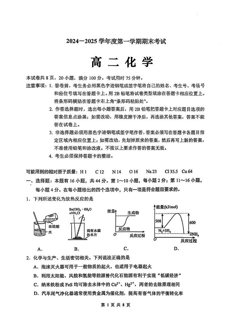 化学信宜市高二化学期末考试试卷（2024-2025学年度第一学期）第1页