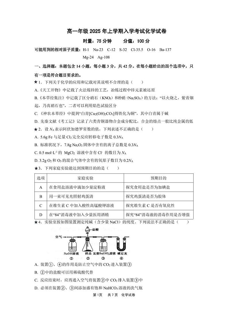 湖南省岳阳市第一中学2024-2025学年高一下学期开学化学试题第1页