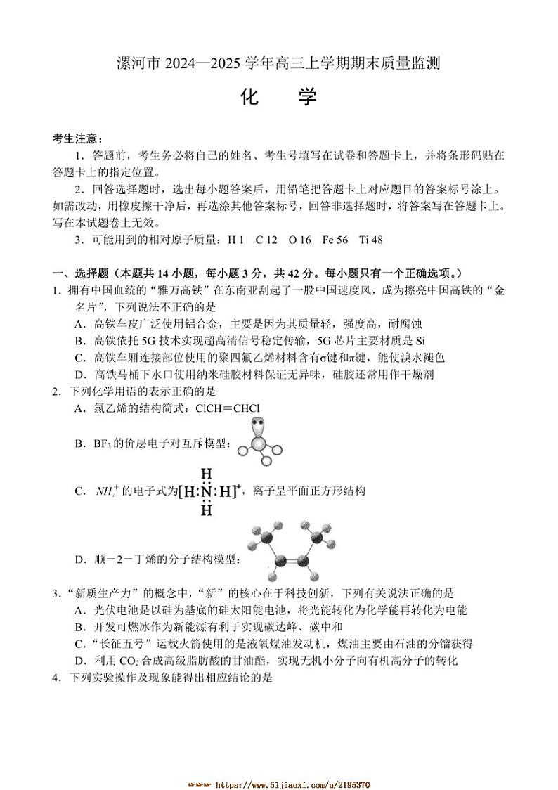 2024～2025学年河南省漯河市高三上期末考试化学试卷(含答案)第1页
