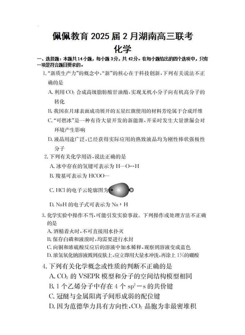 湖南省佩佩教育2025届2月高三下学期开学联考化学试题+答案第1页