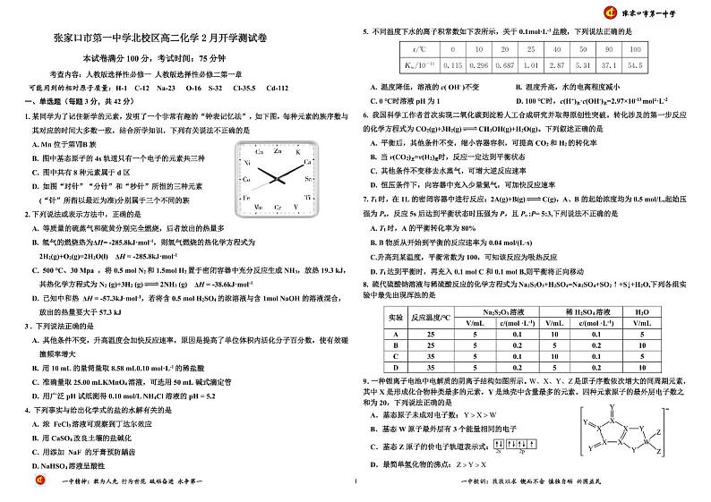 高二2月开学考化学试卷2025第1页