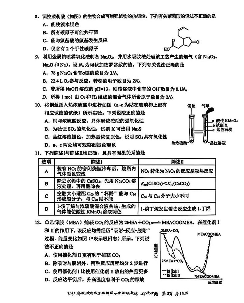 2025届广东省深圳一模深圳市高三年级第一次调研考试  化学试题及答案第3页