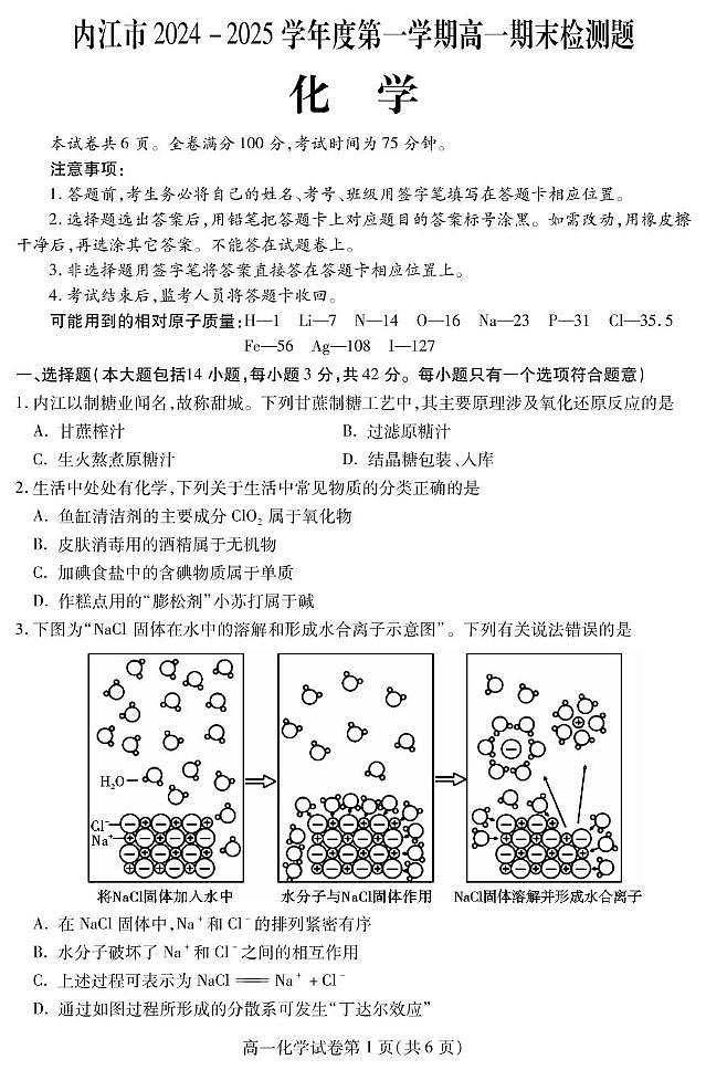 四川省内江市2024-2025学年高一上学期期末检测化学试题（PDF版附答案）第1页
