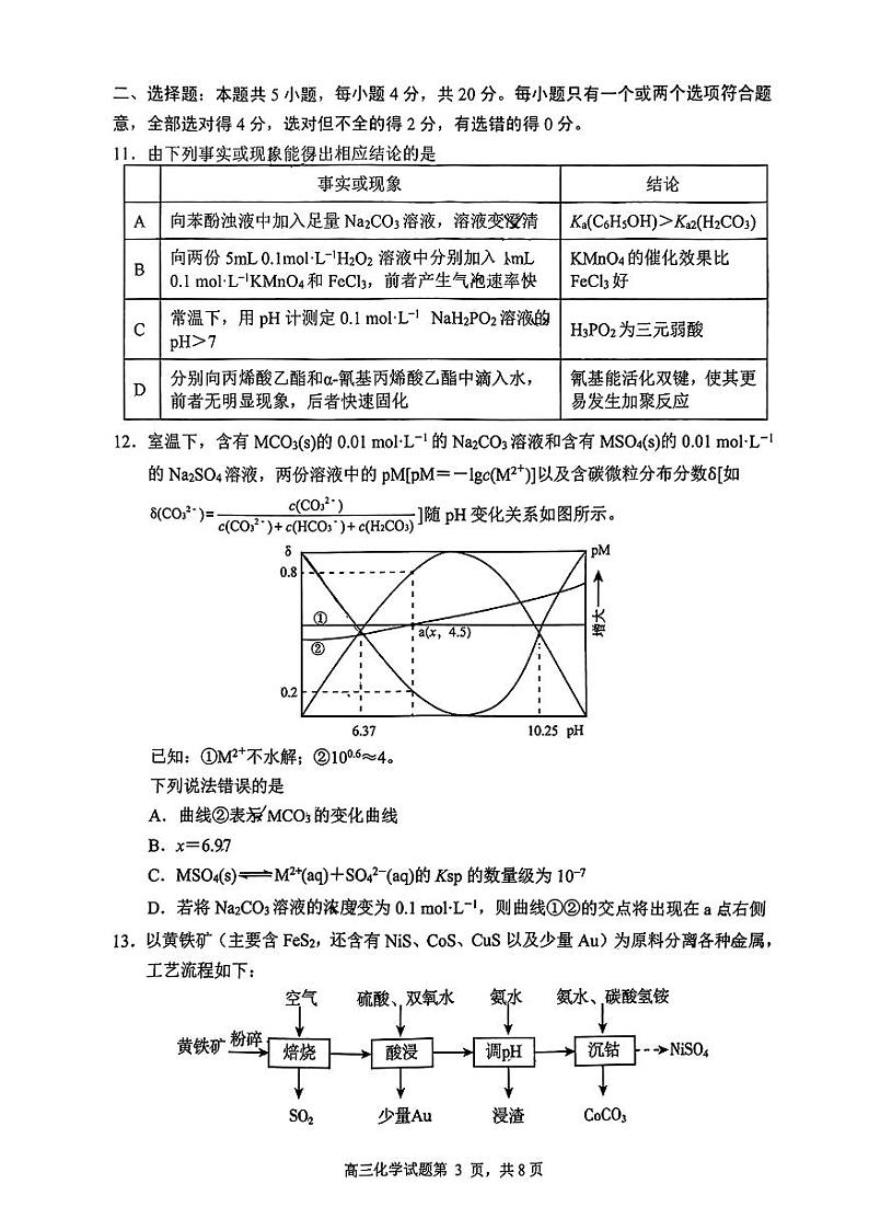 2025届山东省日照一模 日照市高三校际联合考试 化学试题及答案第3页