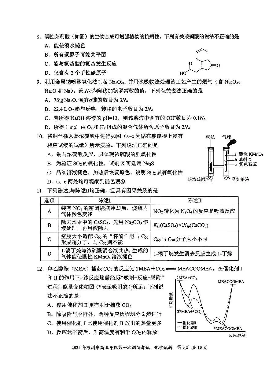 2025届深圳高三下学期2月第一次调研考试（一模）化学试卷+答案第3页