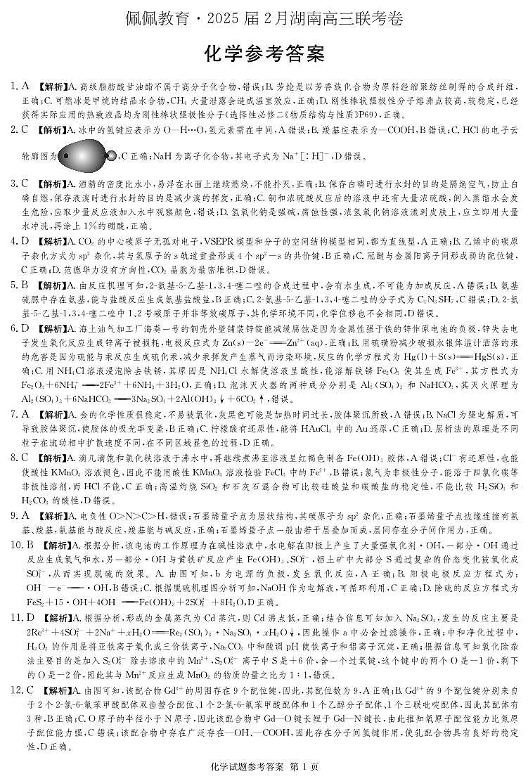 湖南长沙四大名校2025年高三下学期2月月考化学答案第1页