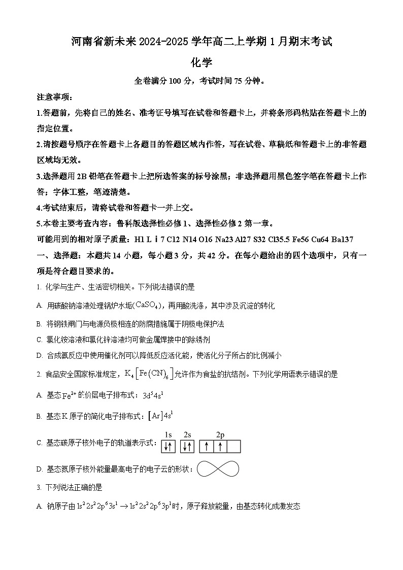 河南省新未来2024-2025学年高二上学期1月期末考试化学试题（含答案）第1页