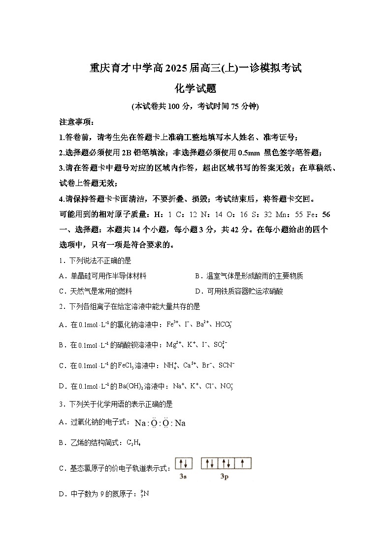 重庆市育才中学2024-2025学年高三上学期1月月考化学试题（Word版附解析）第1页