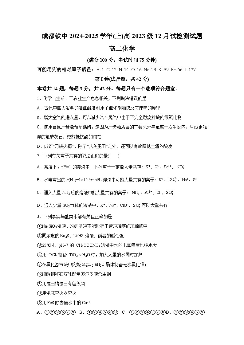四川省成都市铁路中学2024-2025学年高二上学期12月月考化学试题（Word版附解析）第1页