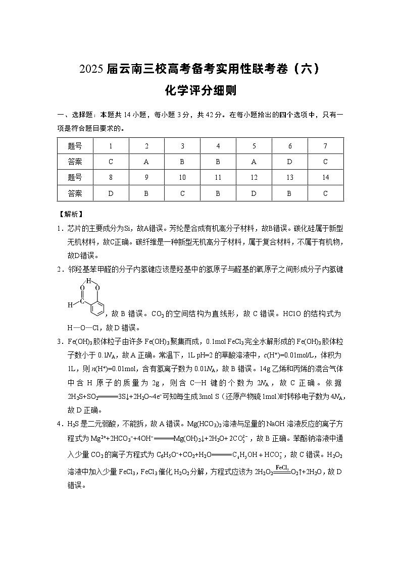 2025届云南三校高考备考实用性联考卷（六）化学-答案第1页