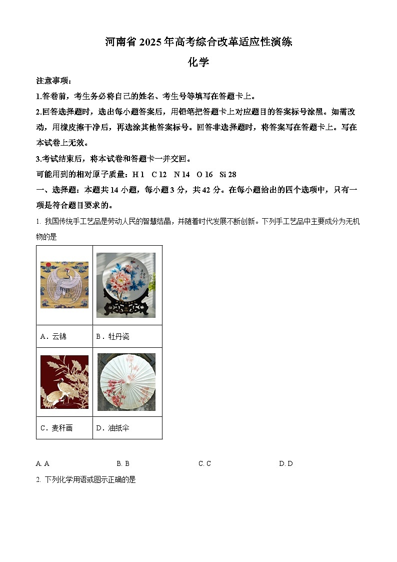 2025年1月河南省普通高等学校招生考试适应性测试（八省联考）化学试题第1页