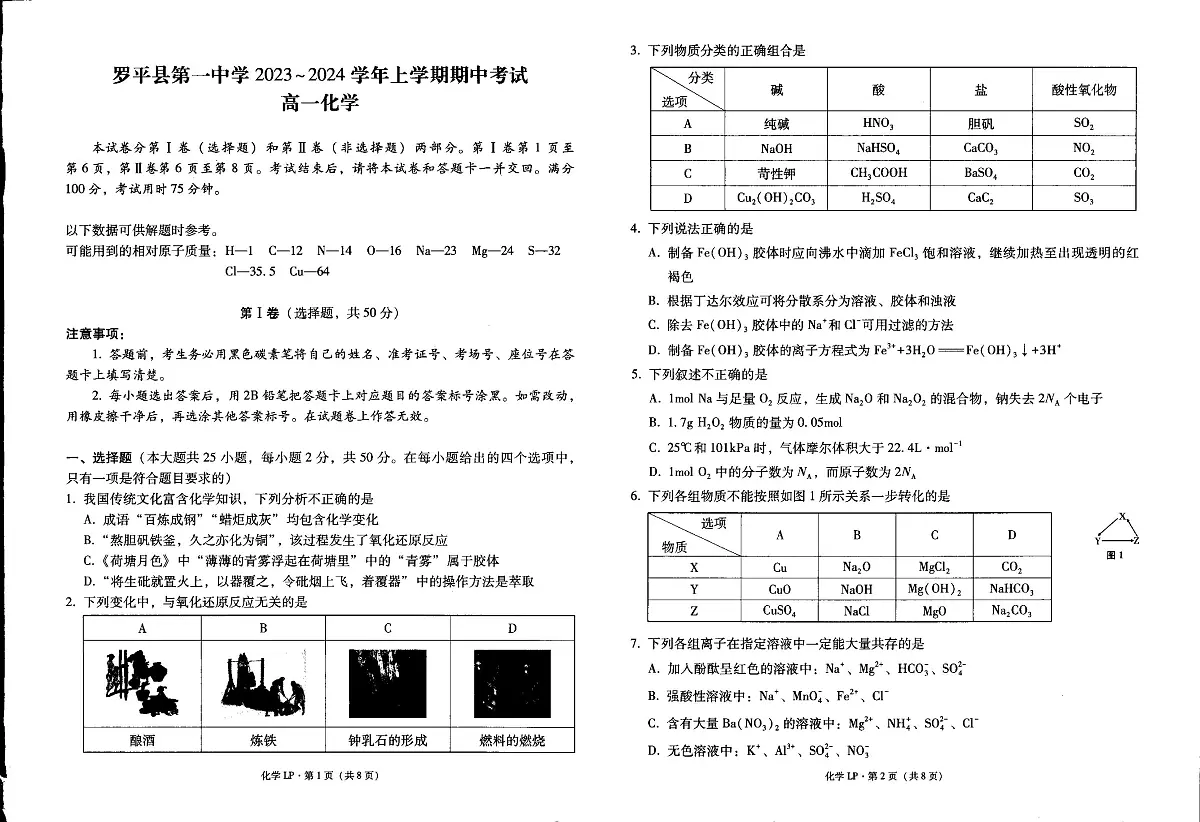 云南省曲靖市罗平县第一中学2023-2024学年高一上学期期中考试化学试卷+第1页