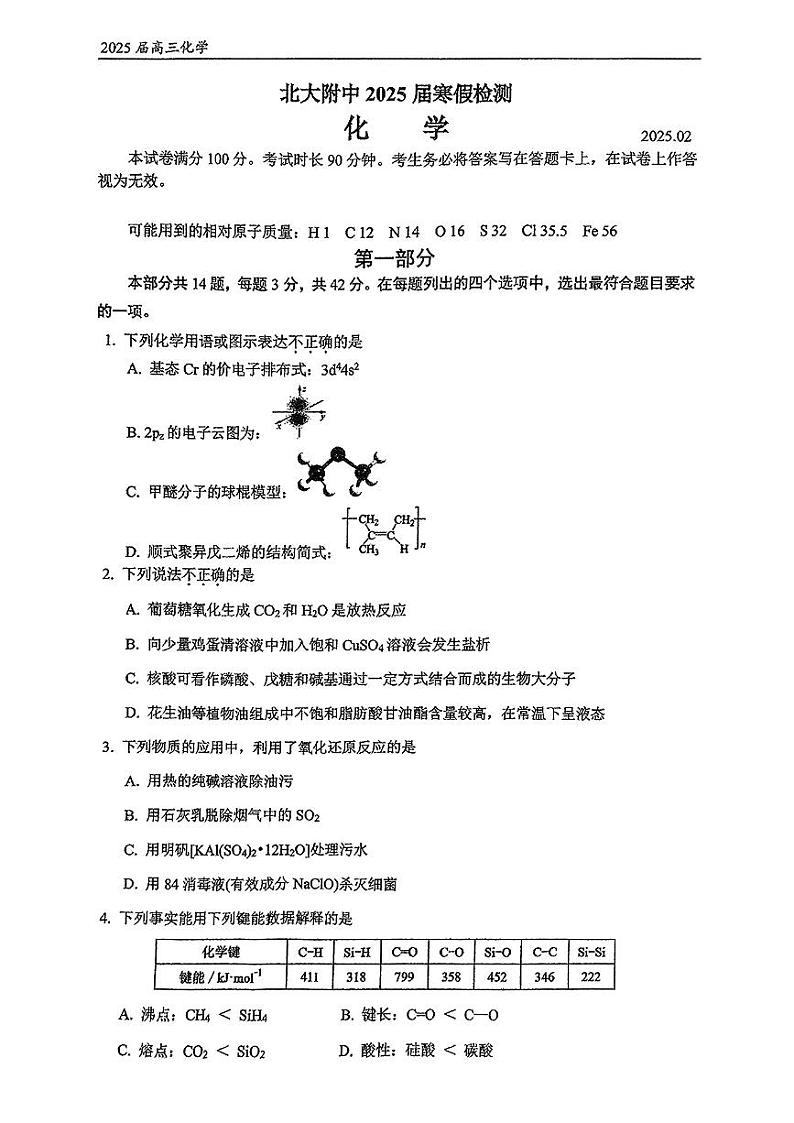2025北京北大附中高三（下）开学考化学试卷第1页
