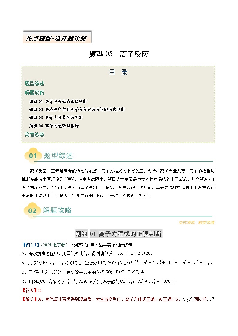 题型05 离子反应-高考化学二轮热点题型归纳与变式演练（新高考通用）（解析版） 第1页