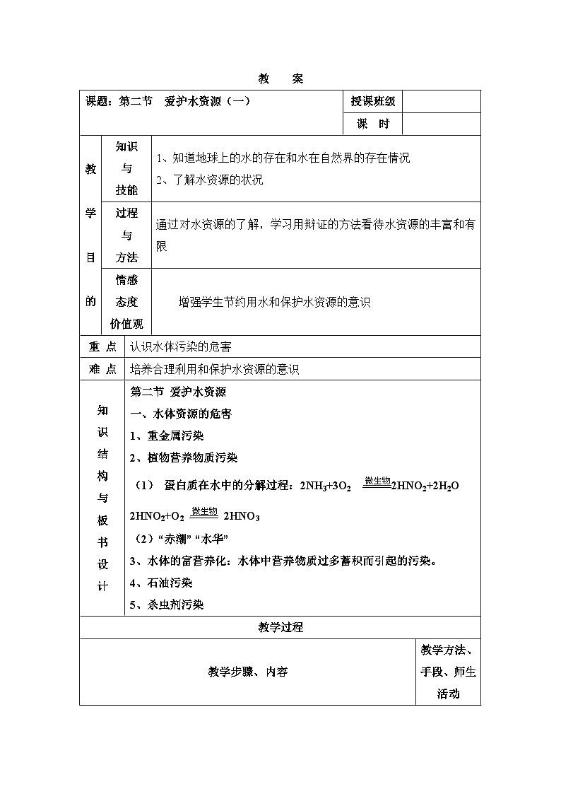 人教版 (新课标)高中化学选修1 4-2《爱护水资源》教案第1页