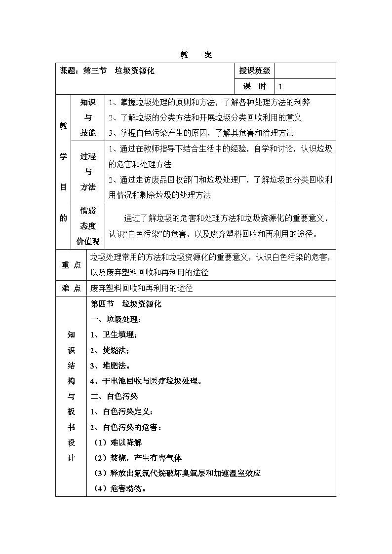 人教版 (新课标)高中化学选修1 4-3《垃圾资源化》教案第1页