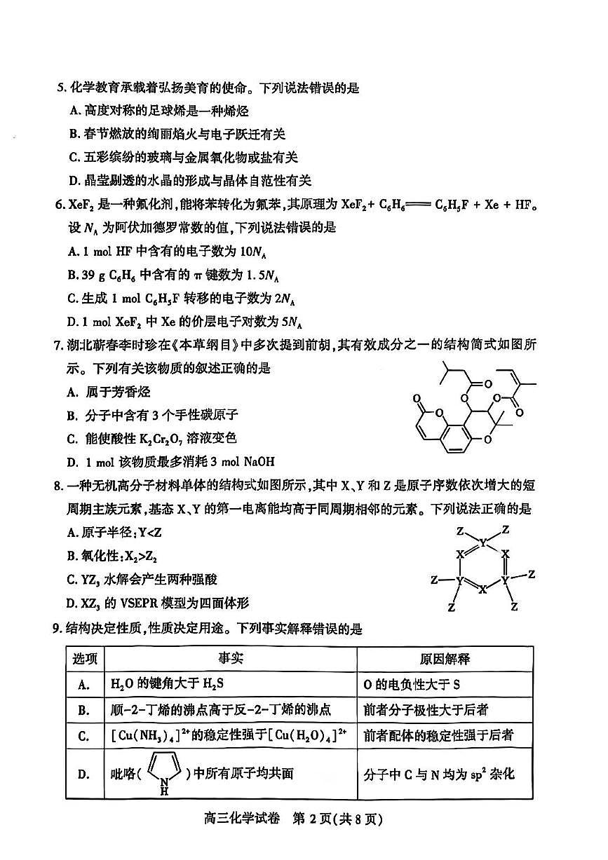 2025年武汉高三下学期2月化学试题第2页