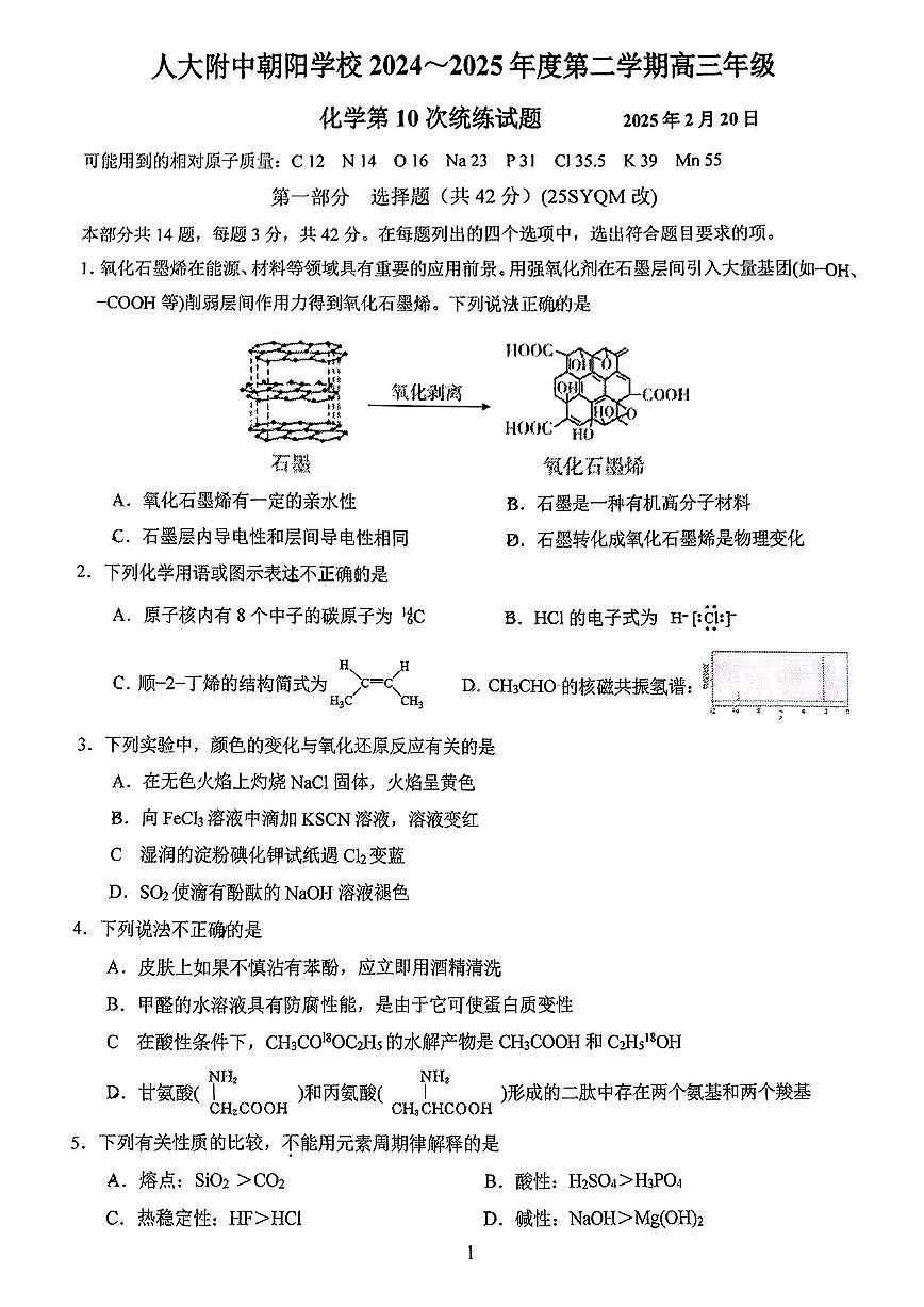 2025北京人大附中朝阳学校高三（下）统练十化学第1页