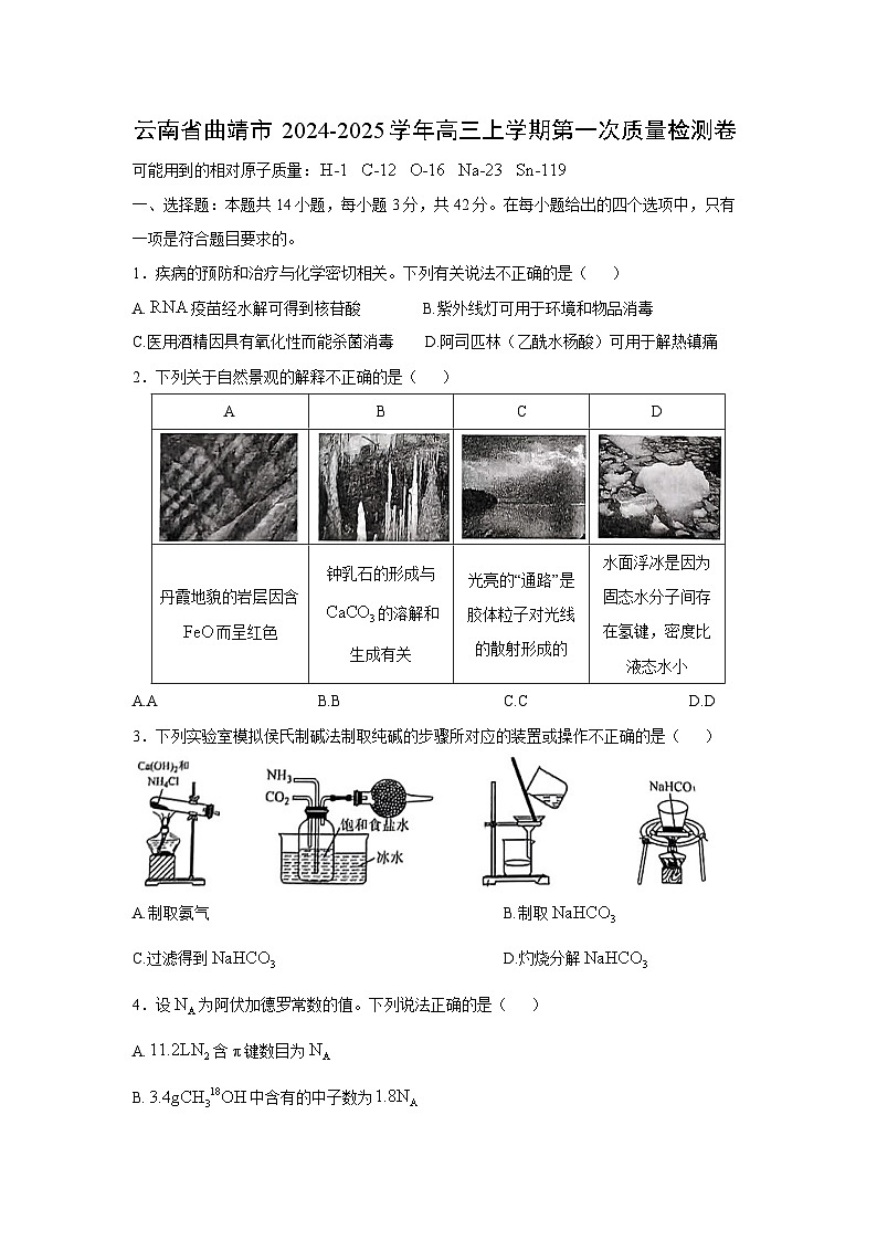 云南省曲靖市2024-2025学年高三(上)第一次质量检测月考化学试卷第1页