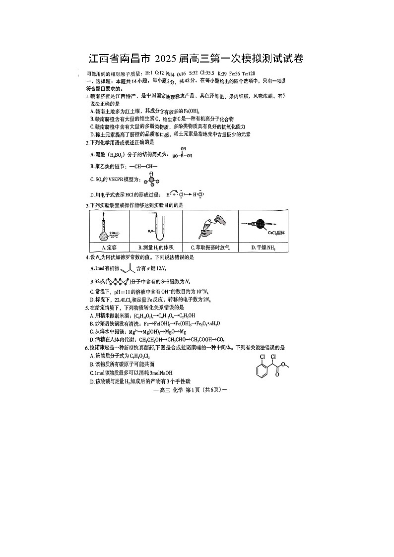江西省南昌市2025届高三第一次模拟测试化学试题（扫描版）第1页